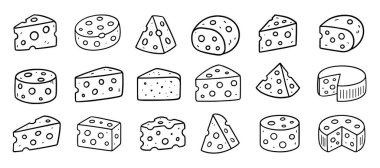 Elle çizilmiş çeşitli peynir dilimleri ve karalamaların koleksiyonu, restoran menüsü veya mutfak tasarımı için ideal, beyaz arkaplan vektör ilülasyonunda izole edilmiş