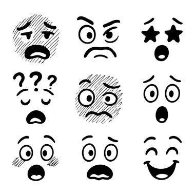 Mutlu, üzgün, şaşırmış ve kafası karışmış dokuz eşsiz çizgi film yüz ifadesi beyaz arkaplan vektör illüstrasyonunda izole edilmiş, oyuncu bir karalama tarzıyla çizilmiş.