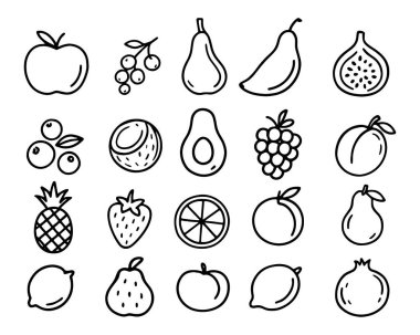 El çizimi meyve ve çilek simgeleri, basit siyah çizgi tarzında, çocuklar için mükemmel, eğitim ve yaratıcı projeler, beyaz arkaplan vektör ilüstrasyonunda izole edilmiş