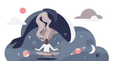 Kozmik elementlerle, dev balinalarla, rüya gibi bulutlarla ve barışı, farkındalığı ve sağlık, rahatlama ve yaratıcılık vektörü ilülasyonunu sembolize eden gezegenlerle meditasyon yapan kişi.