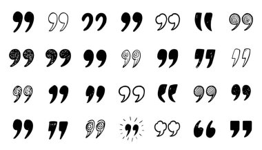 Çeşitli el çizimi tırnak işaretleri, konuşma baloncukları ve beyaz arkaplan vektör illüstrasyonunda izole edilmiş mesajlaşma, diyalog ve tipografik tasarım için alıntı simgeleri koleksiyonu