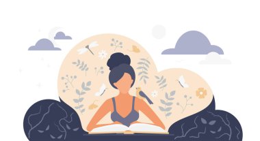 Hayal ürünü bulutlar, kuşlar, çiçekler ve doğa sembolleriyle kitap okuyan genç bir kadın hayal gücünü, rahatlamayı ve farkındalığı temsil ediyor.