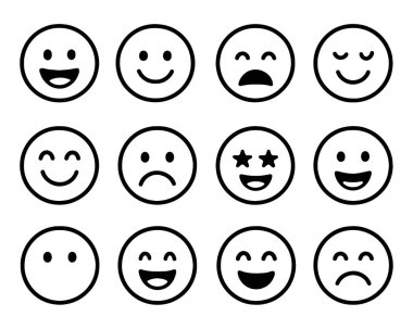 Oniki el çizimi gülen yüz, çeşitli mutlu, üzgün ve tarafsız duyguları en az şekilde gösteriyor. Sohbet, avatar veya dekorasyon kullanımı için mükemmel, izole edilmiş beyaz arkaplan çizimi