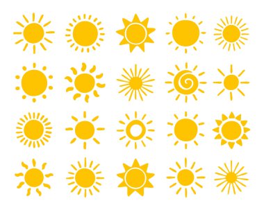 Çeşitli stillerde oyuncu sarı güneş karalamaları koleksiyonu, yaz, hava ve çocuk tasarımları için mükemmel, beyaz arkaplan vektör illüstrasyonunda izole edilmiş.