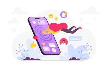 Genç bir kadının dev bir akıllı telefona çekilmesi dijital bağımlılığı, sosyal medya etkisini ve modern yaşam vektör illüstrasyonuna teknolojik bağımlılığı sembolize ediyor