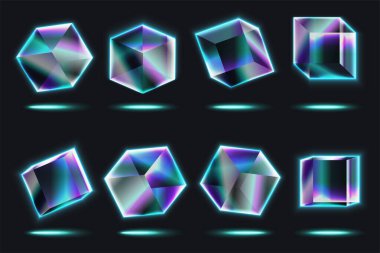 Parlayan soğuk mavi ve mor kenarlı fütüristik cam neon küpleri, koyu arkaplan vektörü illüstrasyonunda geometrik kristal şekiller ve modern teknoloji tarzını sergiliyor.
