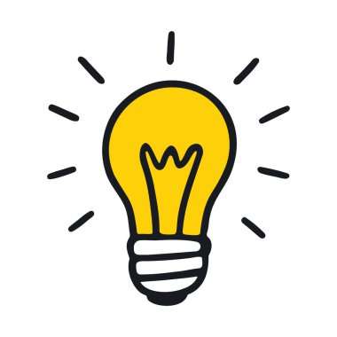 Beyaz arkaplan çiziminde izole edilmiş, yaratıcılığı, yeniliği ve yeni fikirleri sembolize eden, el çizimi basit bir çizgi film tarzında ışıldayan sarı ampul.