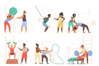 Çeşitli kişisel antrenörler atletlere modern bir spor salonunda güç, kardiyo ve esneklik egzersizlerinde rehberlik eder, takım çalışması, motivasyon ve profesyonel yönlendirme vektör ilüstrasyonuna odaklanırlar.