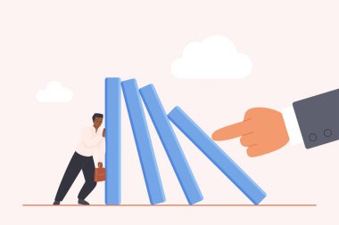 İş adamı, büyük el çabukluğu ile yıkılan dominoları önlüyor, proaktif kriz yönetimini sembolize ediyor, risk önleme ve iş sorunlarının üstesinden geliyor, vektör ilüstrasyonu