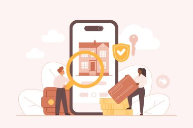 Gayrimenkul değerlendirmesi ve yatırım süreci akıllı bir telefonla gösteriliyor, insanlar mülk değerini, güvenli ödemeyi ve dijital işlem konsepti çizimini analiz ediyorlar