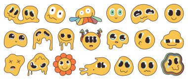 Psikedelik eriyen gülen yüzlerin tuhaf, gerçeküstü ifadeleri ve canlı renkleri, yaratıcı projeler, posterler ve beyaz arkaplan vektör ilülasyonunda izole edilmiş dijital sanat için ideal olan koleksiyonu