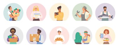 Gıda, dağıtım, onarım, fotoğraf ve bahçe işleri de dahil olmak üzere farklı hizmet ve ürünler sunan bir grup insan, beyaz arka plan vektör ilüstrasyonunda izole edilmiş