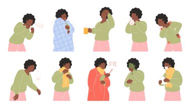 Hasta Afrikalı kadın soğuk algınlığı ve grip belirtileri gösteriyor. Öksürük, hapşırma, ateş, baş ağrısı, boğaz ağrısı, yorgunluk ve titreme gibi.