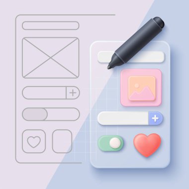 Yarı çizilmiş ve yarı dijital arayüz elementlerini gösteren yaratıcı UI tasarım konsepti, vektör illüstrasyonunda tasarım süreci ve yaratıcılığı vurguluyor.