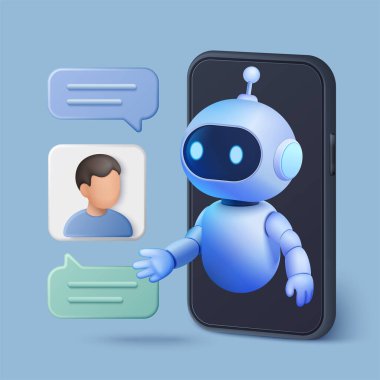 AI iletişimi, sohbet robotu teknolojisi ve dijital konuşma vektör illüstrasyonunu temsil eden akıllı telefon aracılığıyla sohbet mesajları veren 3 boyutlu robot ve insan avatarı