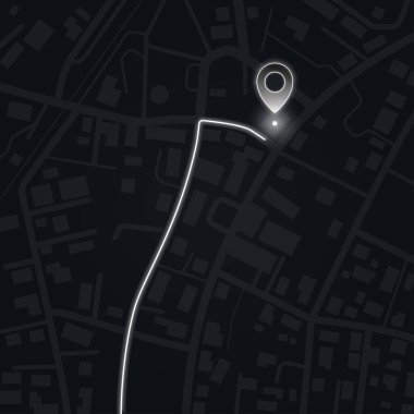 Vurgulanmış navigasyon güzergahı ve parlayan GPS pimi olan modern şehir haritası, şehir sokakları ve varış noktalarını seyahat veya konum hizmetleri çizimi için gösterir
