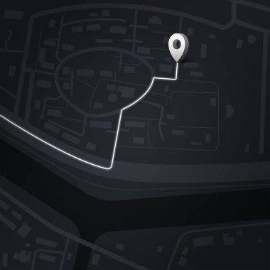 Kentsel sokakları, vurgulanmış güzergahı ve navigasyon ve seyahat planlama vektörü illüstrasyonları için GPS iğne işaretleme hedefini gösteren karanlık bir şehir haritası