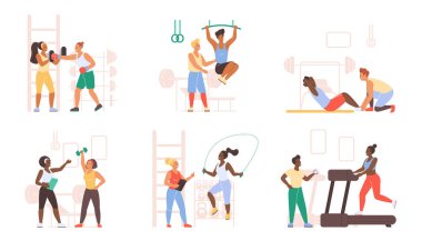 Kişisel fitness eğitmenleri müşterilerine çeşitli egzersizlerde rehberlik eder, modern bir spor salonu vektör illüstrasyonunda güç, kardiyo ve sağlık rutinleri sunar.