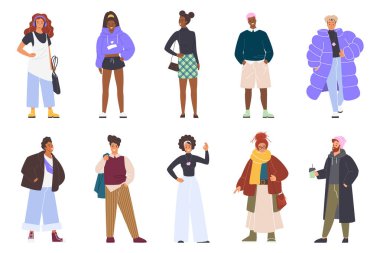 Çeşit çeşit modern gençler, cesur kıyafetler ve benzersiz saç stilleri, Gen Z alternatif moda ve kentsel gençlik kültürü sergileniyor, beyaz arka plan vektör ilüstrasyonunda izole edilmiş.