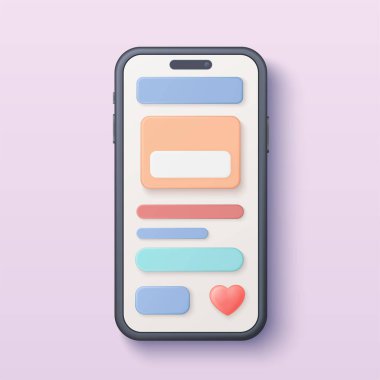 Mobil ui tasarımı için renkli uygulama arayüzü ögeleri, düğmeleri ve kalp simgesine sahip modern 3d akıllı telefon ekranı, ux wirefram, sosyal medya veya mesajlaşma konsepti vektör ilülasyonu