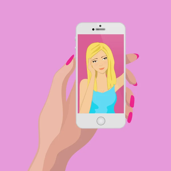 Cabelo loiro menina fazer selfie. Menina rosto em exibição de telefone . — Vetor de Stock