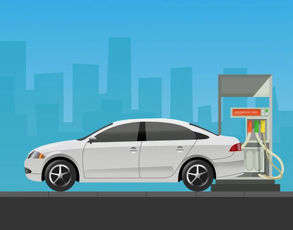 Station d'essence avec voiture en arrière-plan de la ville . — Image vectorielle