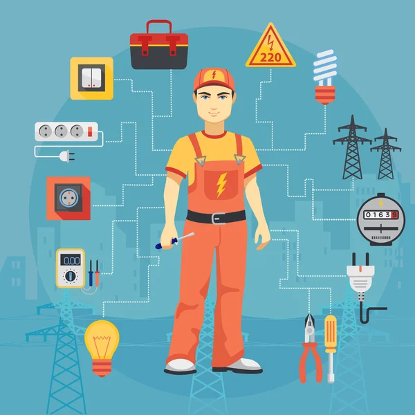 Concepto de hombre electricista con herramientas de instrumentos profesionales — Archivo Imágenes Vectoriales