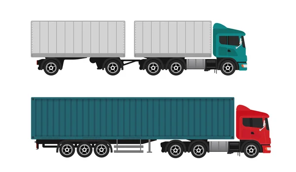 Dostawa Wysyłka ładunków ciężarówki i naczepy ciężarówki na białym tle na białym tle. — Wektor stockowy