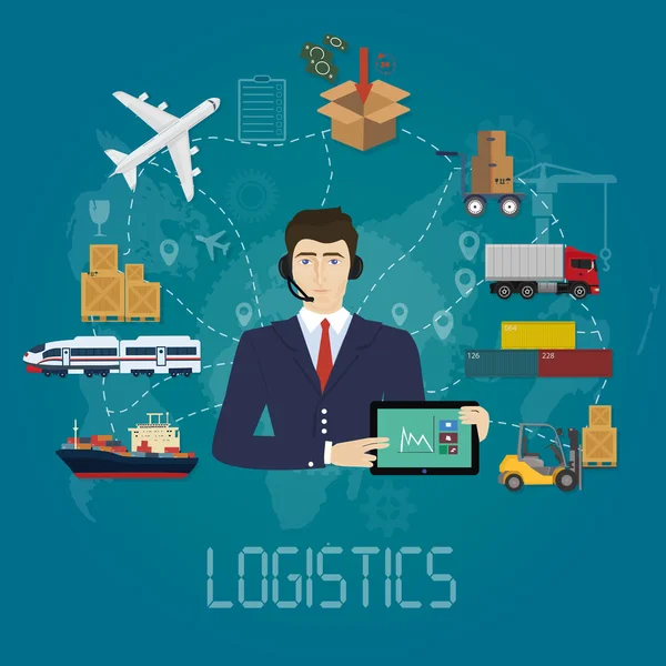 Διάνυσμα logistics manager πράκτορα έννοια. Παράδοση φορτίου υπηρεσία διανυσματικά εικονογράφηση — Διανυσματικό Αρχείο