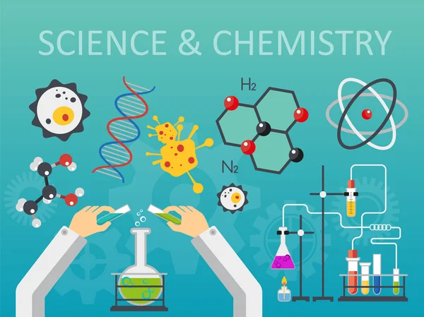 Laboratório de química ciência e tecnologia design de estilo plano ilustração vetorial. Cientistas mãos conceito de local de trabalho . —  Vetores de Stock