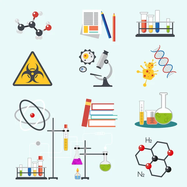 Laboratório de química ciência e tecnologia design de estilo plano ícones de ilustração vetorial. Instrumentos do local de trabalho —  Vetores de Stock