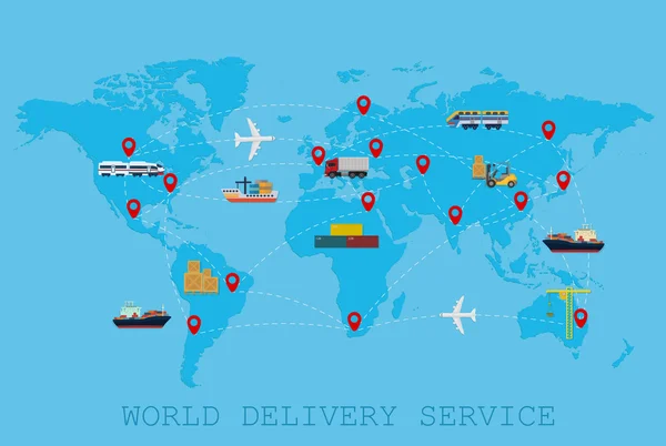 Logistica globale, spedizione e servizio di consegna in tutto il mondo concetto di mappa del mondo — Vettoriale Stock