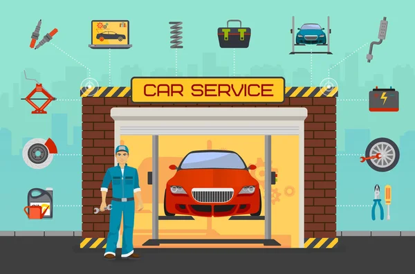Bil reparation service center koncept med trimning diagnostik platta element och arbetstagare man. — Stock vektor