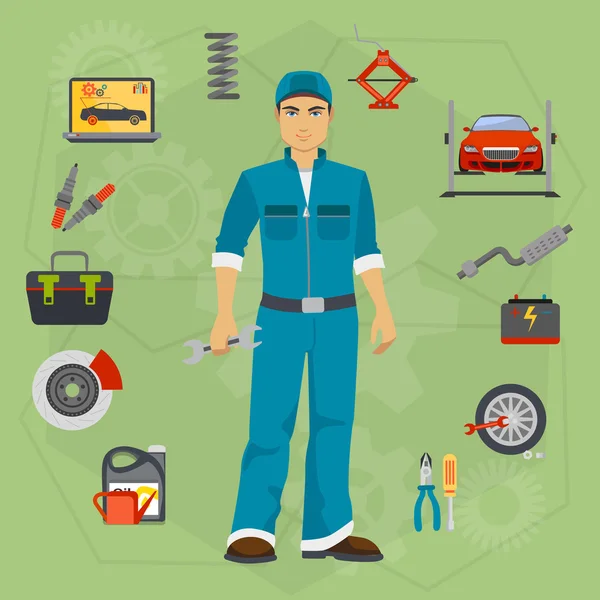 汽车维修服务理念与优化诊断平元素和工人人. — 图库矢量图片