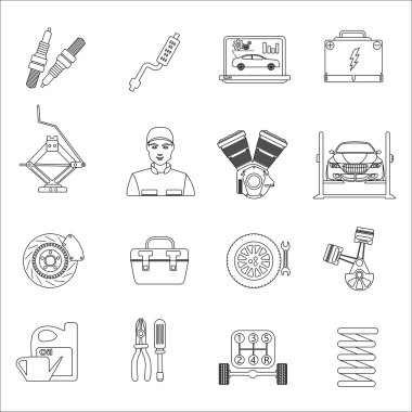 Otomatik mekanik araba tamir servisi ince çizgi Icons set