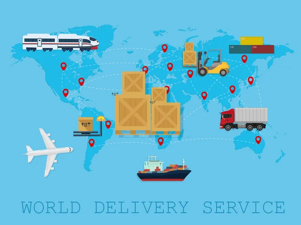グローバル物流、配送とサービス ワールドワイド配信世界マップの概念 — ストックベクタ