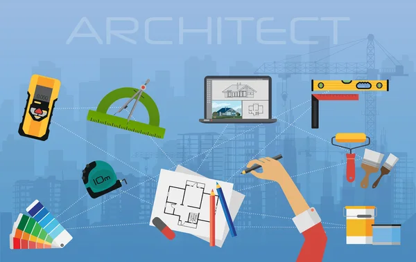 Arquitecto de planificación de la construcción y creación de procesos. proyecto arquitectónico, concepto técnico vista superior . — Vector de stock