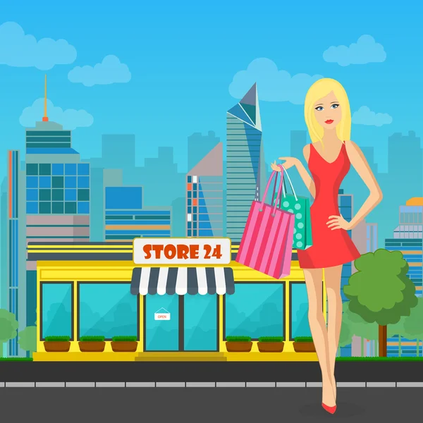 Vector shopping woman girl with bags near Store in modern city. — Stock Vector