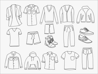 MInimalistic Men clothes and shoes illustrations icons, thin line style on the white background clipart