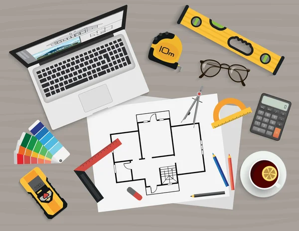 Architect construction planning and creating process with proffesional tools. Projects technical concept. Workplace top view. — Stock Vector