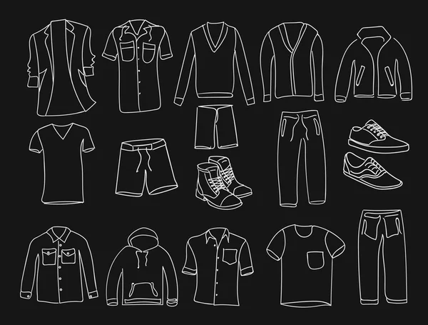 MInimalistic Hombres ropa y zapatos ilustraciones iconos, estilo de línea delgada en el fondo negro — Vector de stock