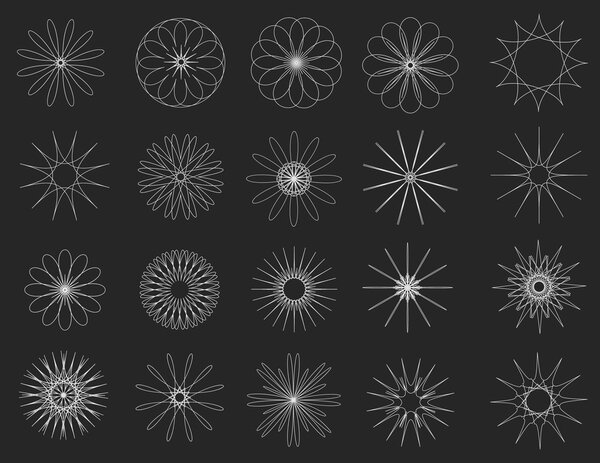 Абстрактно белый набор винтажных солнечных элементов. Геопметрический радиальный. Современный стиль
