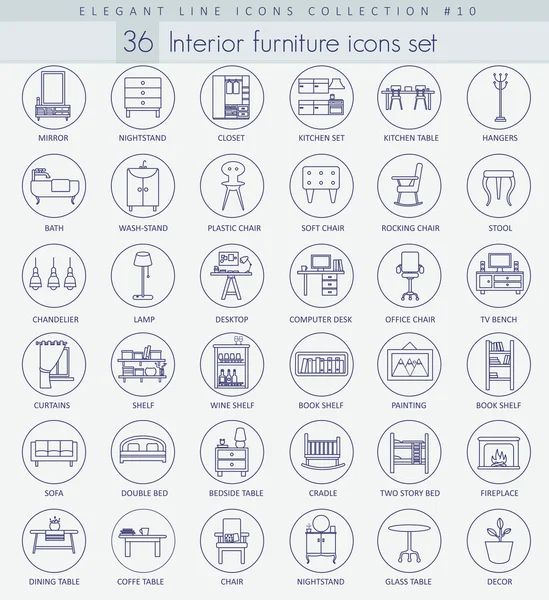 Conjunto de iconos de esquema de muebles para el hogar vectorial. Elegante diseño de estilo de línea fina — Archivo Imágenes Vectoriales