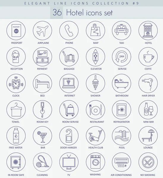 Conjunto de iconos del esquema del hotel vectorial. Elegante diseño de estilo de línea fina — Vector de stock