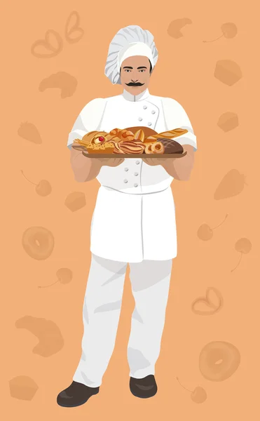 Ilustracja wektorowa piekarz, trzymając kosz z produktami piekarnia na tło. — Wektor stockowy