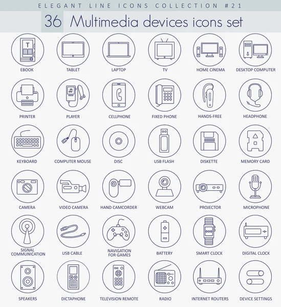 Vektor-Multimedia-Geräte skizzieren Icon-Set. elegantes Design mit dünnen Linien. — Stockvektor