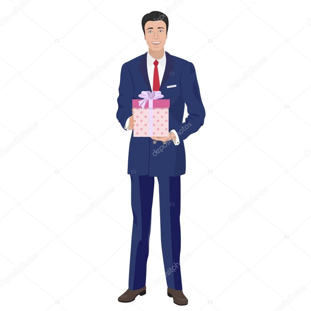 Business man in classic suit holding box gift present.