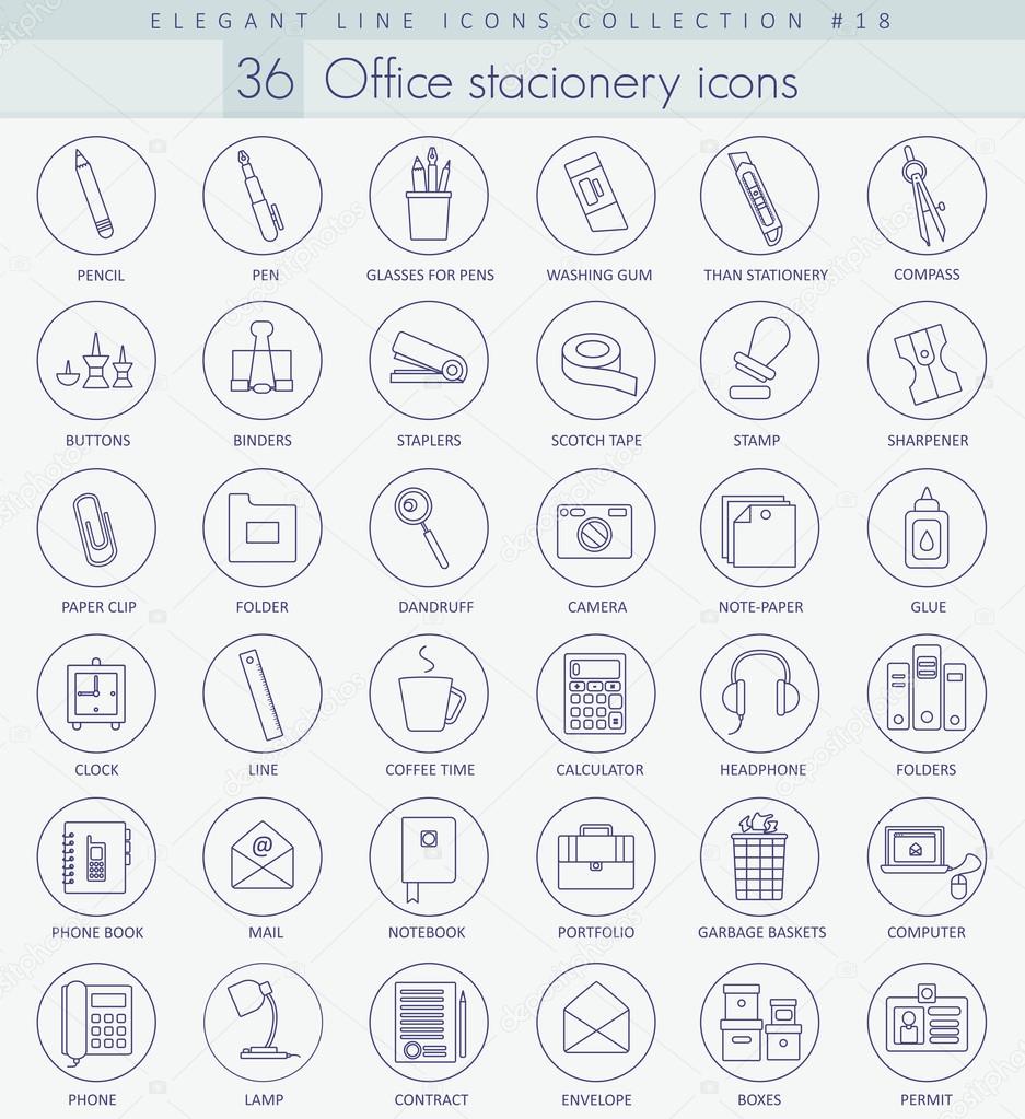 Vector Office stacionery outline icon set. Elegant thin line style design.