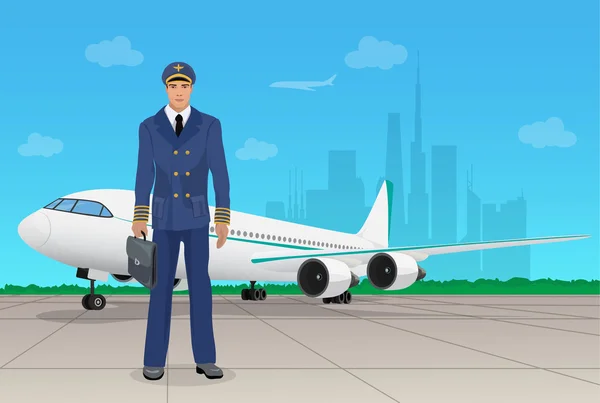 Πιλότος με τη στολή κοντά στο αεροπλάνο στο αεροδρόμιο. Vector εικονογράφηση. — Διανυσματικό Αρχείο
