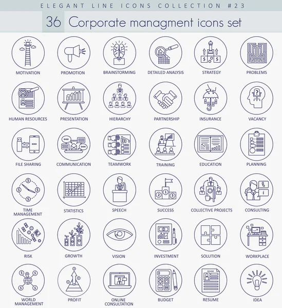 Conjunto de iconos de esquema de gestión corporativa vectorial. Elegante diseño de estilo de línea fina . — Vector de stock